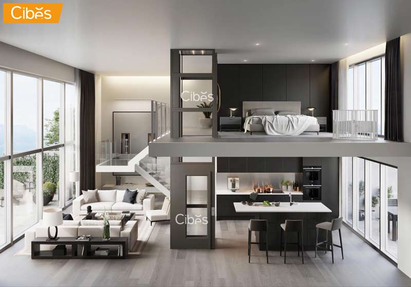 Mẫu thang máy Cibes được phối màu hài hòa, góp phần kết nối phong cách thiết kế nội và ngoại thất cũng như gia tăng giá trị cho ngôi nhà