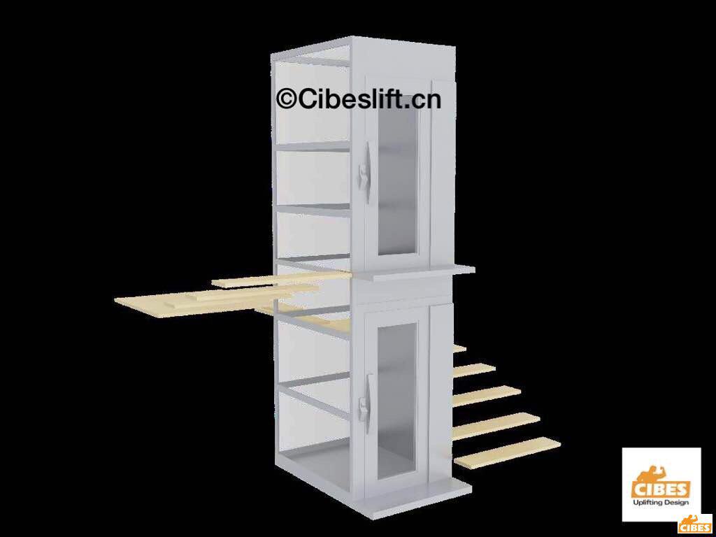Hình 3D của thi công thang máy lắp đặt vào trong cầu thang bộ 