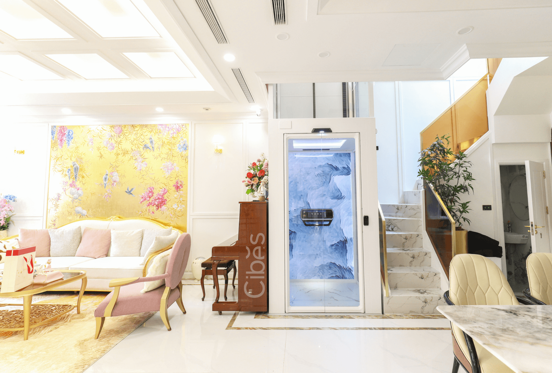 KĐT Vinhomes Riverside - thang máy cabin V90 Galaxy trắng