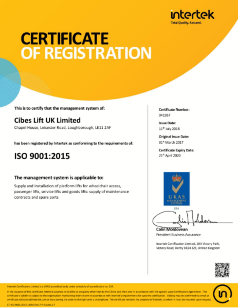 Chứng nhận chất lượng thang máy của công ty Cibes Lift UK theo tiêu chuẩn ISO 9001:2015