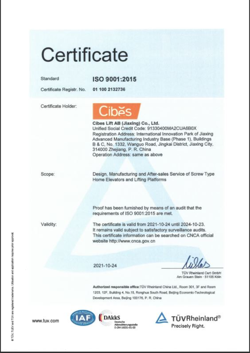Chứng nhận chất lượng tiêu chuẩn ISO 9001:2015 cho nhà máy sản xuất thang máy của Cibes tại Gia Hưng, Trung Quốc  