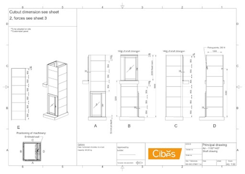 Bản vẽ thang máy sàn nâng Cibes Air ứng dụng công nghệ trục vít.