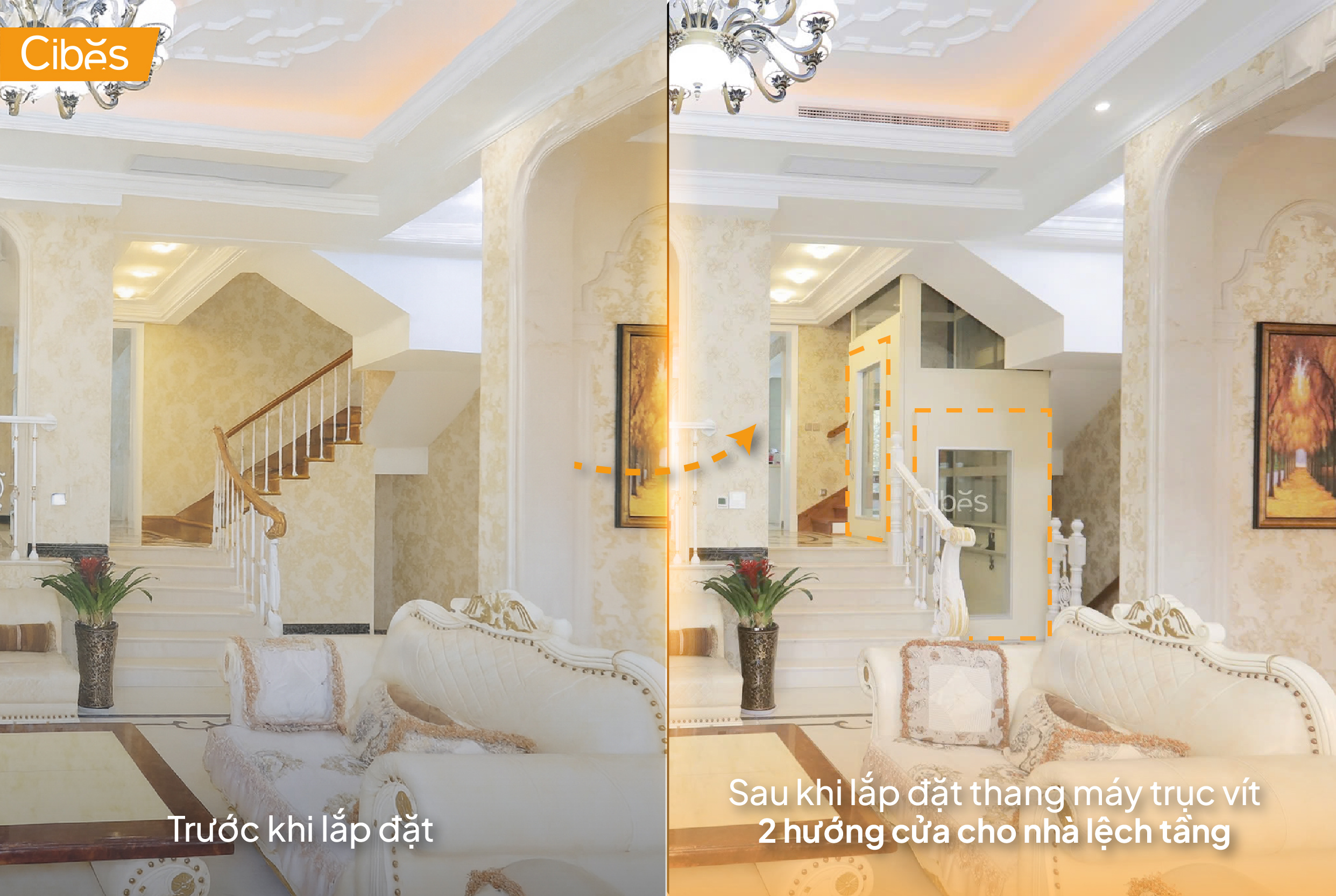 Thang máy trục vít Cibes lắp đặt cho nhà lệch tầng