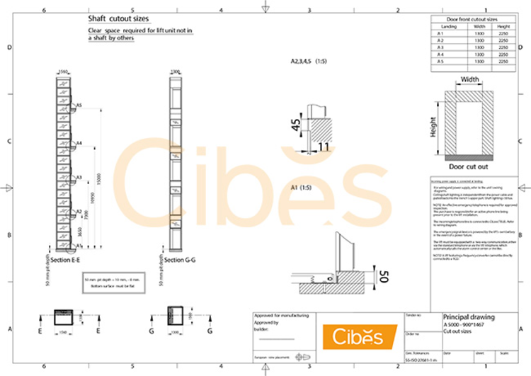 Bản vẽ chính thiết kế mô hình thang máy Cibes A5000