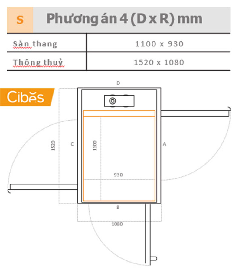 Bản vẽ kỹ thuật về kích thước sàn thang và kích thước thông thủy của một phương án cho thang máy gia đình Cibes