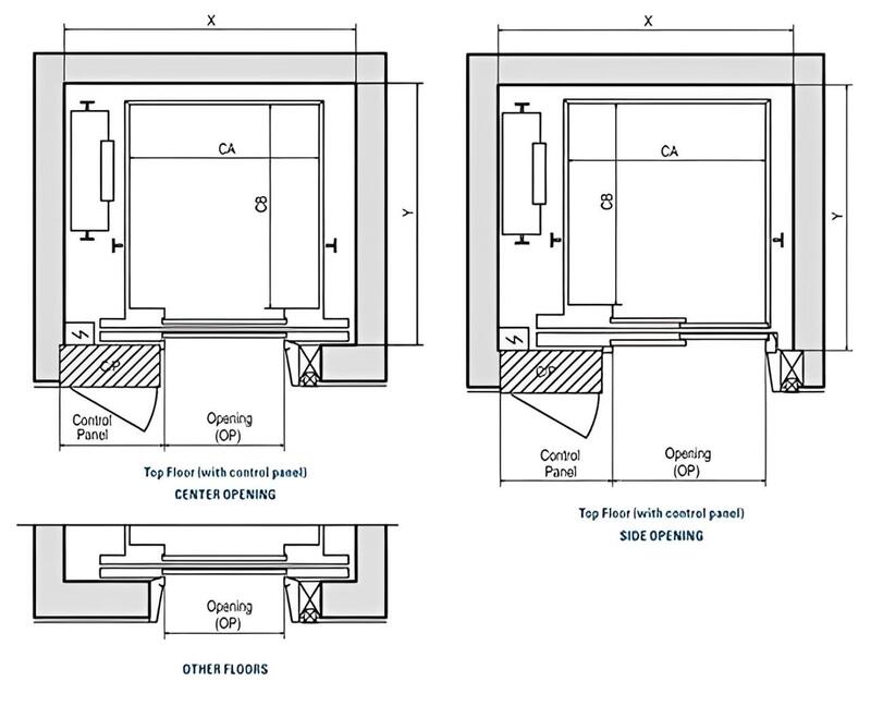 Bản vẽ cửa thang máy với 2 vị trí lắp đặt khác nhau 