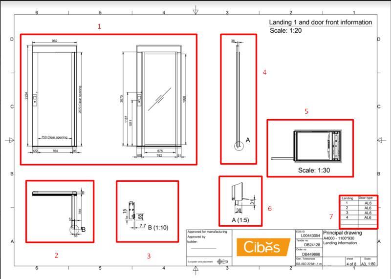 Hướng dẫn cách đọc bản vẽ cửa thang máy Cibes A4000 theo từng bộ phận