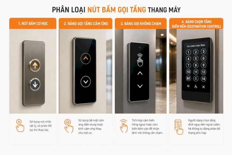 4 kiểu bảng gọi tầng thang máy