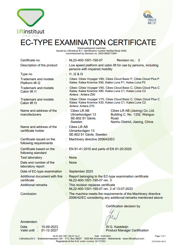 Chứng nhận tiêu chuẩn an toàn của thang máy Cibes