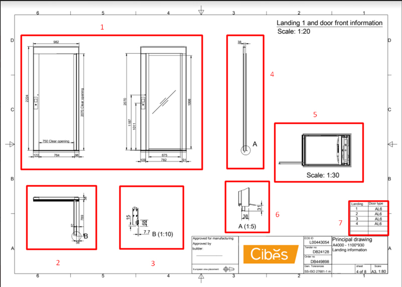 Hướng dẫn cách đọc bản vẽ cửa thang máy Cibes A4000 theo từng bộ phận