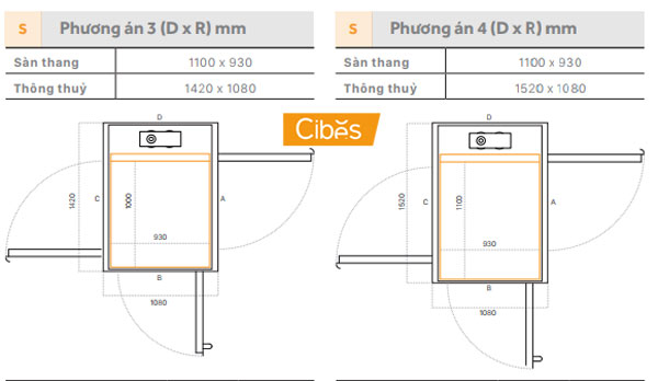 Bản vẽ thang máy Cibes size S với nhiều lựa chọn
