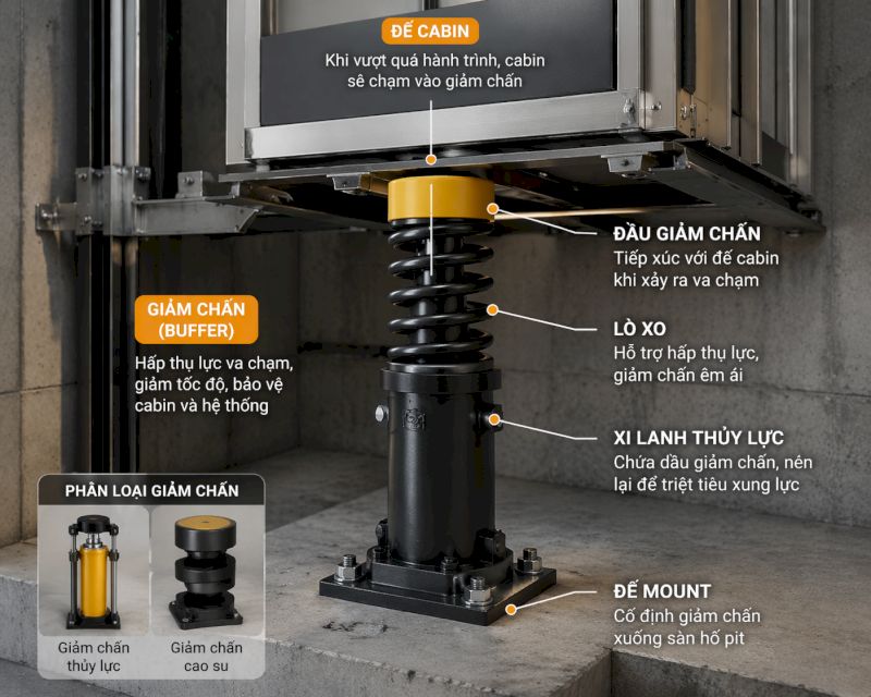Giảm chấn thang máy là gì? Cấu tạo, phân loại & vai trò