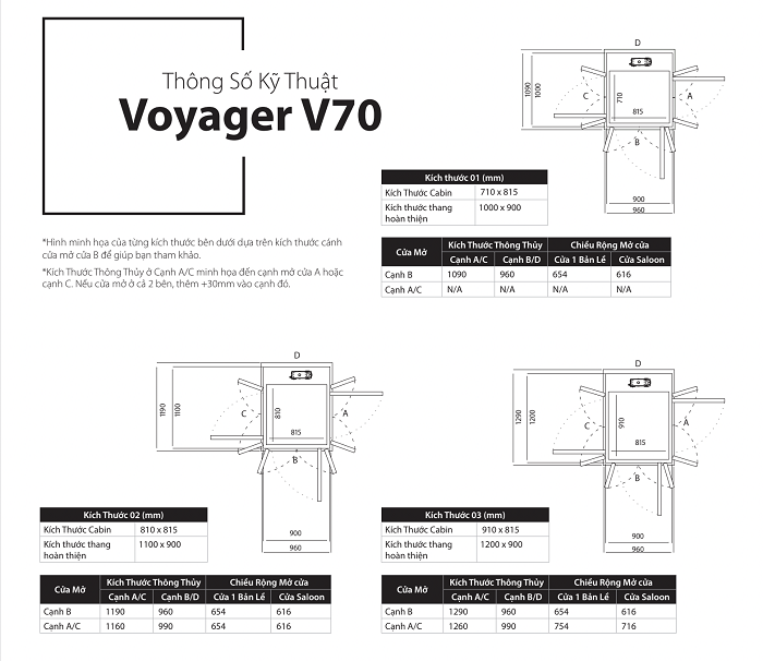 Kích thước thang máy Cibes Voyager V70 