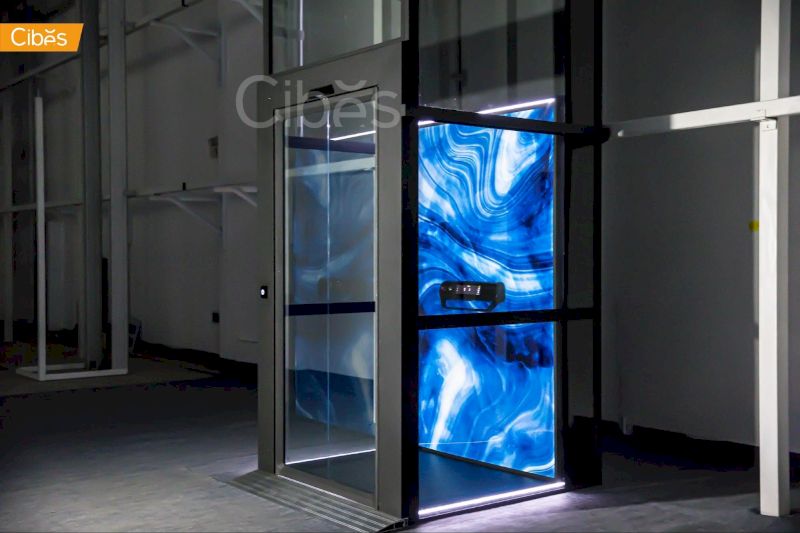 Thang máy sàn nâng Cibes S85 sở hữu vách cao thời thượng cùng các họa tiết bảng điều khiển đa dạng, độc đáo.