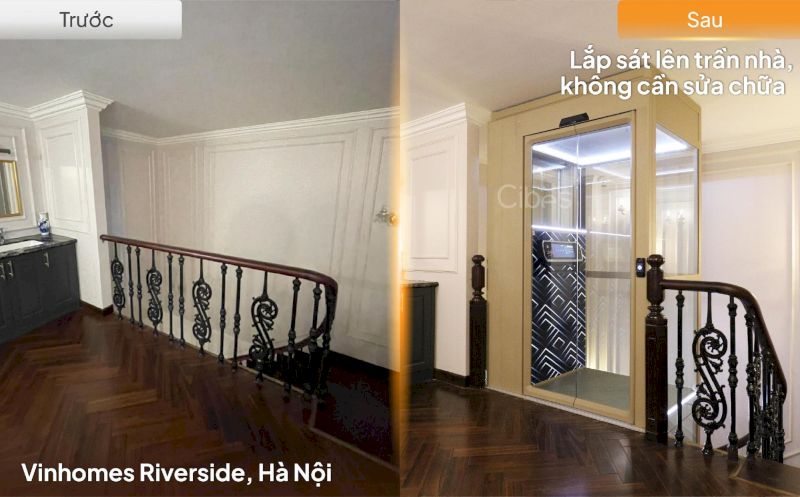Hình ảnh trước và sau khi lắp đặt thang máy Cibes V80i tại Vinhomes Riverside, Hà Nội