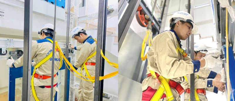 Kỹ thuật viên Thang máy Đông Đô lắp đặt thang máy tại công trình