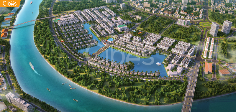 Khu biệt thự đơn lập và song lập Vinhomes Marina nhìn trực tiếp ra hồ lớn và các cảnh quan xanh của dự án