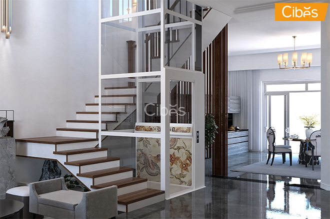 Thang máy kính màu trắng sang trọng, hiện đại